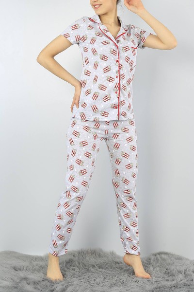Desenli Düğmeli Baskılı Bayan Pijama Takımı 55002