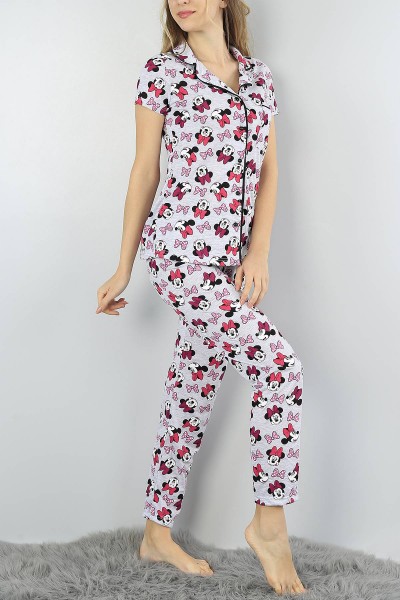 Desenli Düğmeli Bayan  Baskılı Pijama Takımı 54980