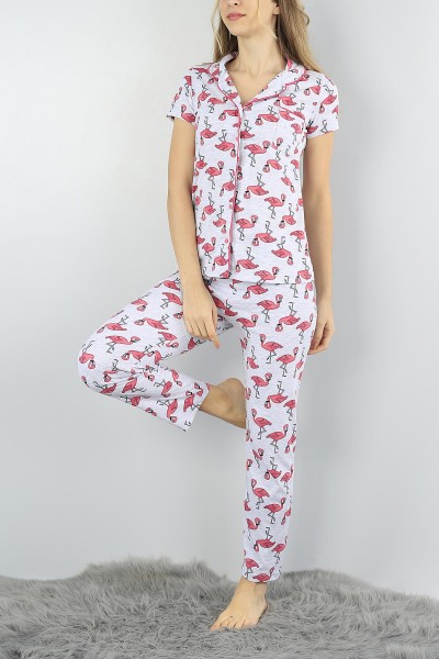 Desenli Düğmeli Bayan  Baskılı Pijama Takımı 54992