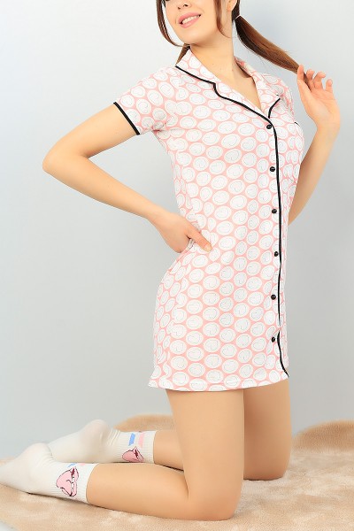 Desenli Düğmeli Bayan Elbise Pijama 64228