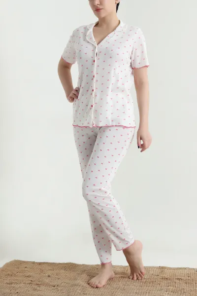 Desenli Düğmeli Kısa Kollu Kadın Pijama Takımı 454587