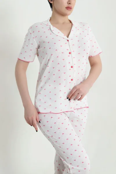 Desenli Düğmeli Kısa Kollu Kadın Pijama Takımı 454587