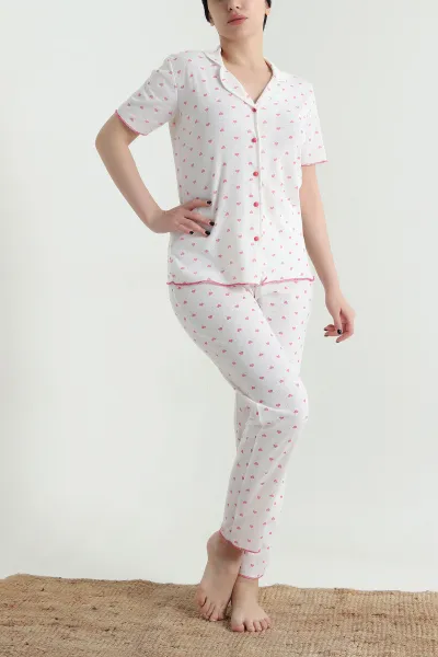 Desenli Düğmeli Kısa Kollu Kadın Pijama Takımı 454587