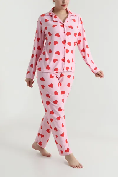 Desenli Düğmeli Süet Kadın Pijama Takımı 492775