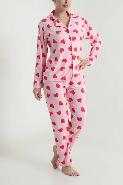 Desenli Düğmeli Süet Kadın Pijama Takımı 492775