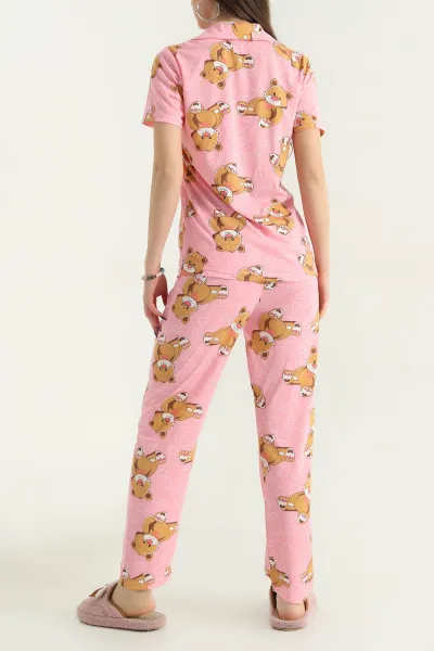 Desenli Düğmeli Viskon Kadın Pijama Takımı 338282