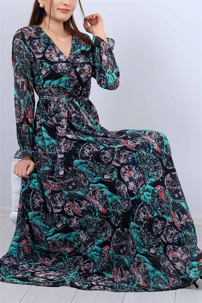 Desenli Kruvaze Yaka Bayan Şifon Elbise 12424B