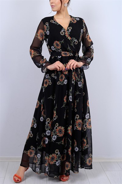 Desenli Kruvaze Yaka Bayan Şifon Elbise 12426B