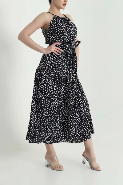 Desenli Kuşaklı Dokuma Viskon Kolsuz Kadın Elbise 449869
