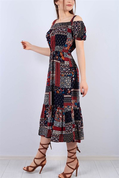 Desenli Lastik Bel Askılı Bayan Elbise 14829B