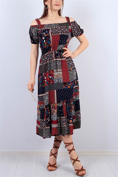 Desenli Lastik Bel Askılı Bayan Elbise 14829B