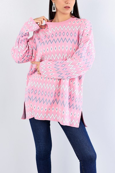 Desenli Pembe Kalın Triko Kazak Tunik 77916