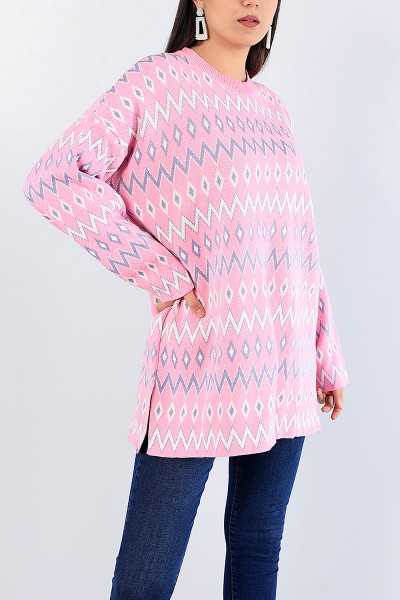 Desenli Pembe Kalın Triko Kazak Tunik 77916