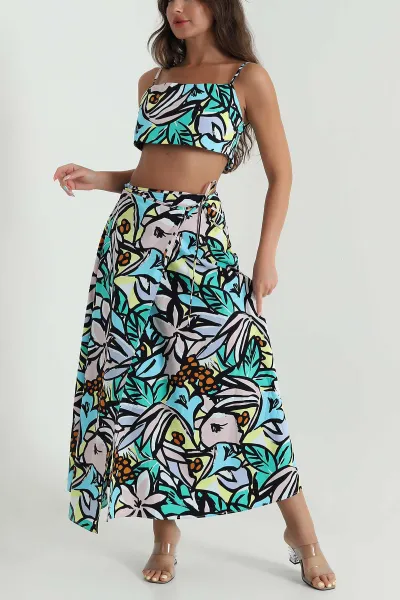 Desenli Poplin Kumaş Etek Bluz Kadın İkili Takım 471258