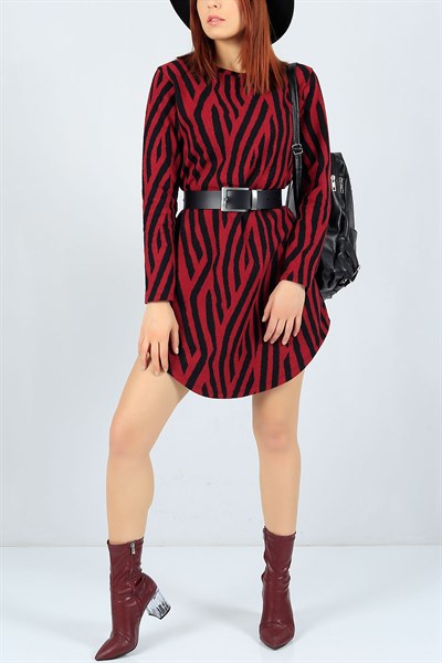 Desenli Selanik Kumaş Bordo Elbise 23003B