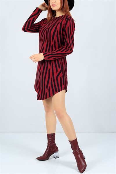 Desenli Selanik Kumaş Bordo Elbise 23003B