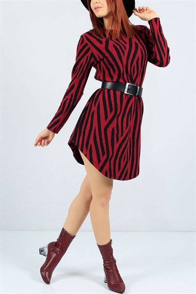 Desenli Selanik Kumaş Bordo Elbise 23003B