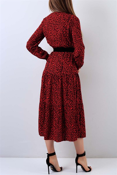 Desenli V Yaka Kırmızı Elbise 18983B
