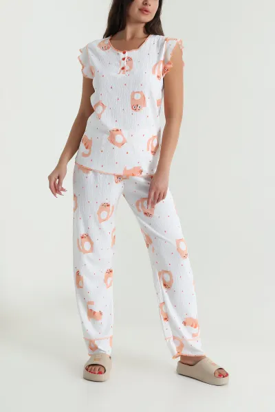 Desenli Yaka Düğmeli Bürümcük Kadın Pijama Takımı 479571