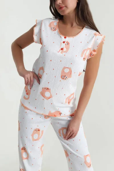 Desenli Yaka Düğmeli Bürümcük Kadın Pijama Takımı 479571