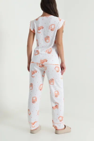 Desenli Yaka Düğmeli Bürümcük Kadın Pijama Takımı 479571
