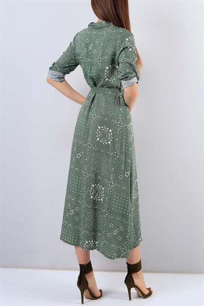 Desenli Yeşil Uzun Kollu Elbise 16773B