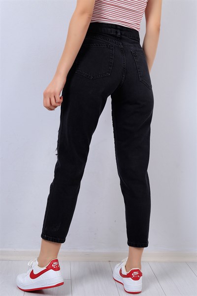 Diz Yırtık Siyah Bayan Mom Kot Pantolon 14033B