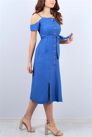 Düğme Detay Cepli Mavi Bayan Elbise Modeli 8755B