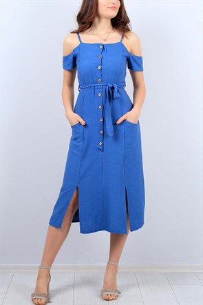 Düğme Detay Cepli Mavi Bayan Elbise Modeli 8755B
