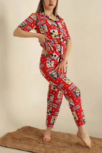 Düğmeli Desenli Bayan Pijama Takımı 258535