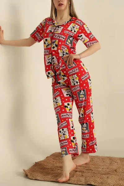 Düğmeli Desenli Bayan Pijama Takımı 258535