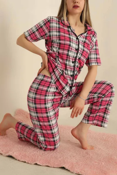 Düğmeli Desenli Bayan Pijama Takımı 258536