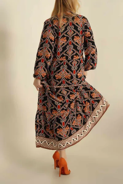 Düğmeli Desenli Dokuma Viskon Elbise 273551