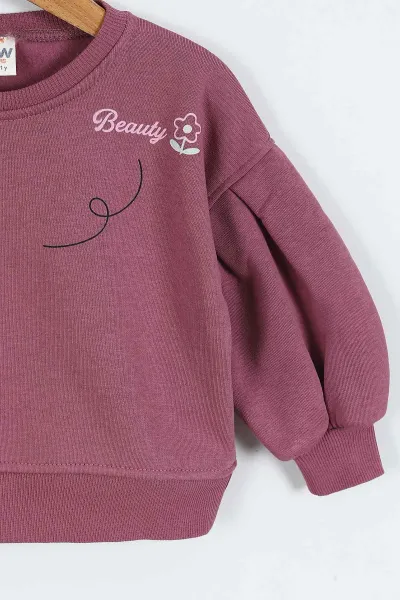 Eflatun (0-4 Yaş)Çiçek Nakışlı Baskılı  3 İp Şardonlu Kız Çocuk Sweatshirt 417580