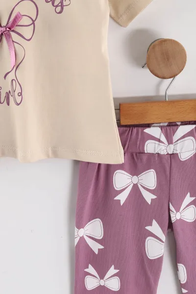 Eflatun (1-5 Yaş) Fiyonk Baskılı Tişört ve Pantolonlu Kız Çocuk 2'li Takım 458437