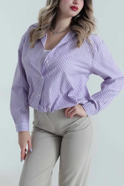 Eflatun Atlet Astarlı Çizgili Kadın Poplin Gömlek Bluz 495374