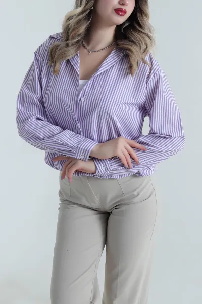 Eflatun Atlet Astarlı Çizgili Kadın Poplin Gömlek Bluz 495374