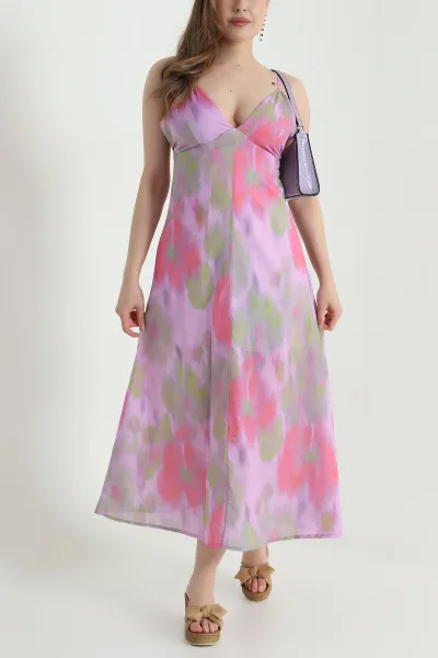 Eflatun Batik Desen Keten Kadın Elbise 469343