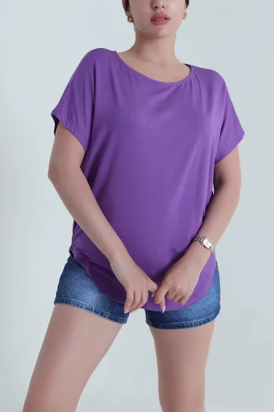 Eflatun Yarasa Kol Oval Kesim Viskon Kadın Bluz 463325