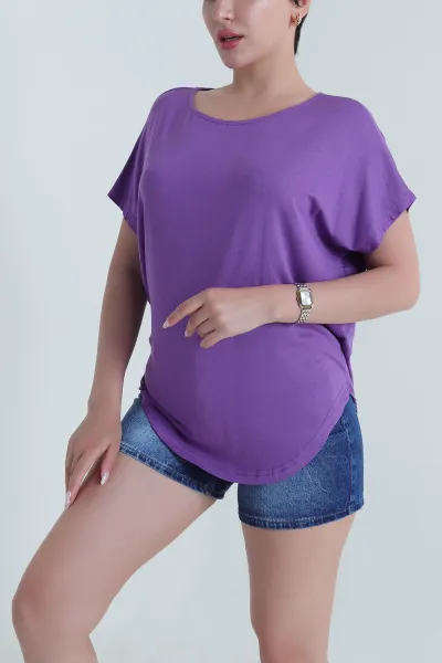 Eflatun Yarasa Kol Oval Kesim Viskon Kadın Bluz 463325