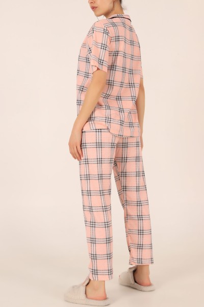 Ekose Düğmeli Desenli Bayan Pijama Takımı 172690