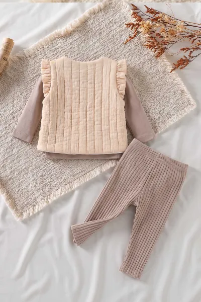 Ekru (0-12 Ay) Fitilli Taytlı Yeleği Çiçek Nakışlı Kız Bebek 3'lü Takım 473367