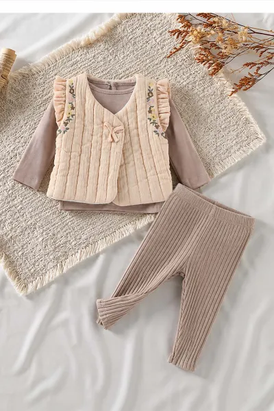Ekru (0-12 Ay) Fitilli Taytlı Yeleği Çiçek Nakışlı Kız Bebek 3'lü Takım 473367