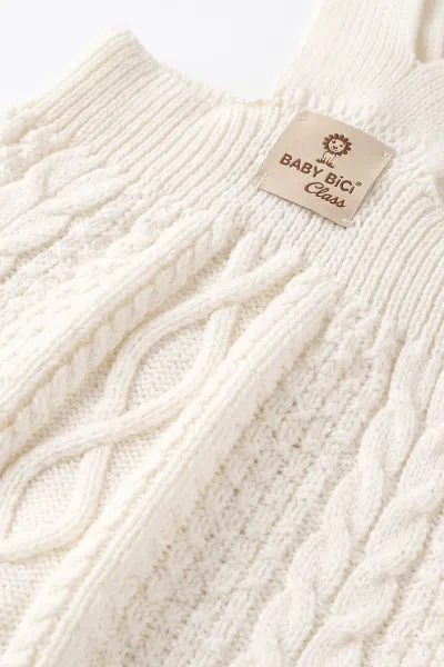 Ekru (0-12 Ay) Örgülü Ayaklı Unisex Bebek Triko Salopet 474329
