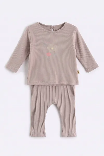 Ekru (0-12 Ay)Üç Kurdela Yelekli Fitilli Taytlı Kız Bebek 3'lü Takım 473364