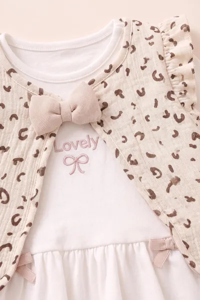 Ekru (0-12 Ay)Yeleği Fiyonk Detaylı Kız Bebek 3'lü Takım 473277