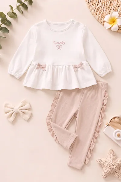 Ekru (0-12 Ay)Yeleği Fiyonk Detaylı Kız Bebek 3'lü Takım 473277