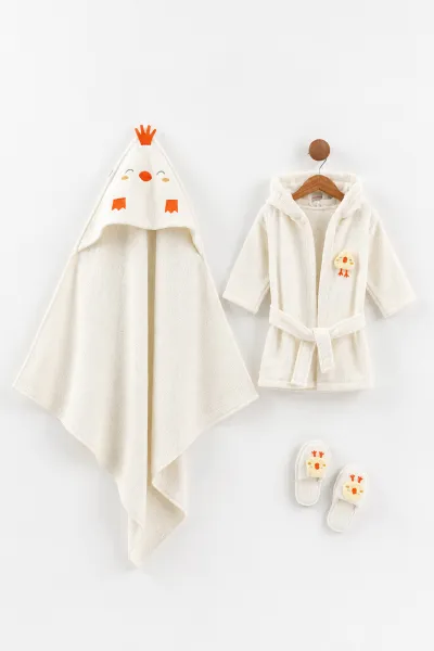 Ekru (0-24 Ay) Civciv Nakışlı Unisex Bebek Bornoz Seti 476658