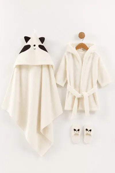 Ekru (0-24 Ay) Rakun Nakışlı Unisex Bebek Bornoz Seti 476661