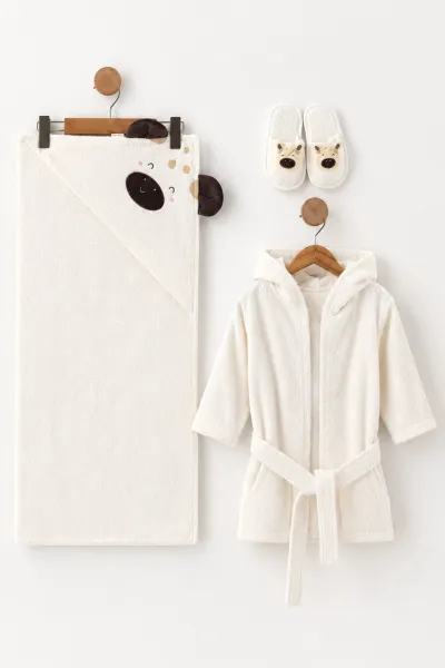 Ekru (0-24 Ay) Sevimli İnek Nakışlı Unisex Bebek Bornoz Seti 475598